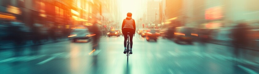 Cyclist navigating a vibrant city street at dusk