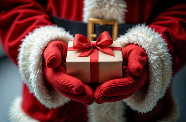 Santa Claus hands with gift box, close up
