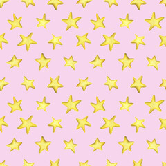 Yellow stars sewn from fabric with thread stitches. Watercolor illustration, hand drawn. Seamless pattern on a pink background.