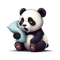 Sleepy cartoon panda yawning while holding a soft pillow