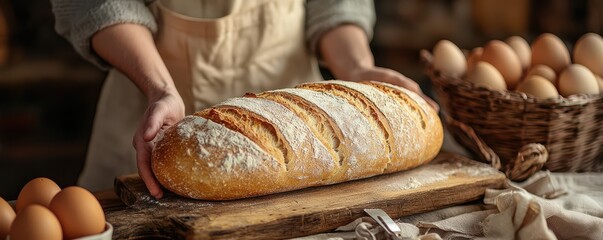 Hands holding a freshly baked long oval loaf of bread on a wooden cutting board surrounded by fresh eggs