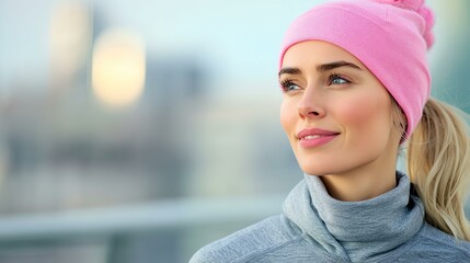 Close-up portrait of a young woman with blonde hair wearing a pink knitted hat and a gray turtleneck sweater, looking to the side with a soft smile.