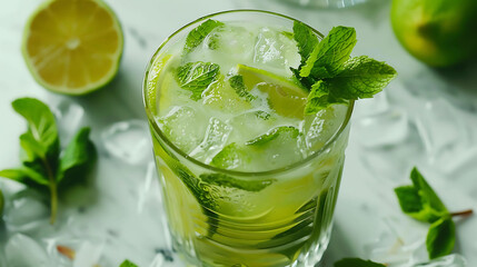 Fototapeta premium Refreshing and delicious mojito cocktail with lime and mint in a tall glass. Perfect for summer parties and get-togethers.