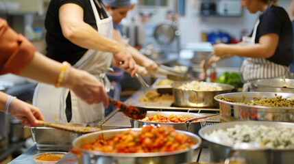 A group of people are preparing food in a commercial kitchen. They are stirring and mixing ingredients in large pots and bowls.