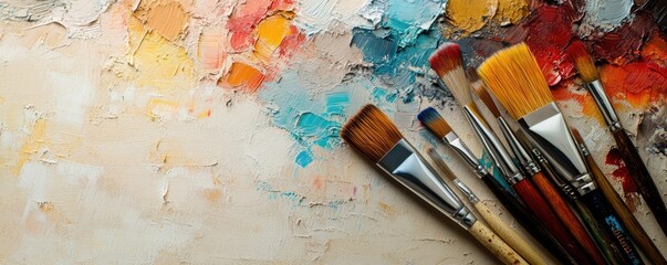 Fototapeta premium Artist's palette with vibrant paint and brushes