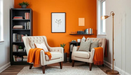 A comfortable reading corner featuring a plush armchair, library bookshelf, and warm lighting in a vibrant orange room. Perfect for relaxation and home decor inspiration.
