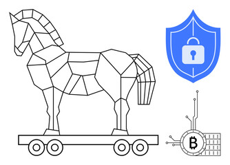 Geometric Trojan horse on wheels, blue security shield with lock, and Bitcoin symbol with circuit lines. Ideal for cybersecurity, digital currency, online protection, blockchain, and tech security