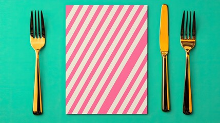 A vibrant setup featuring a striped pink card surrounded by golden cutlery on a teal background, perfect for a dining invitation or decoration.