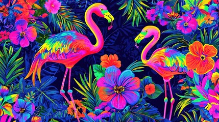 Obraz premium A flock of vibrant flamingos gracefully poses on a verdant field of blossoms and foliage