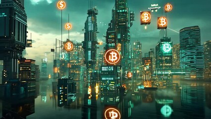 A futuristic city skyline with illuminated Bitcoin signs - Powered by Adobe