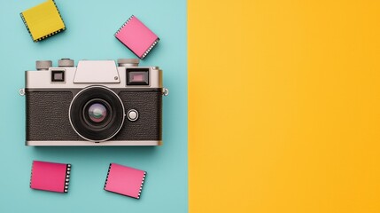 A vintage camera rests on a vibrant backdrop, surrounded by colorful film canisters, evoking nostalgia and creativity.