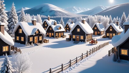 Naklejka premium cute village scenes amidst winter wonderland landscapes snow kids snowmen