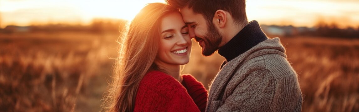 A couple embraces warmly during sunset in a golden field, sharing smiles and affection in a serene outdoor setting. With copy space for text. Wide web banner. - Powered by Adobe