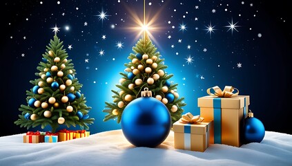 Obraz premium decorated christmas tree hangs blue bauble fir branch gift boxes surrounding abstract night scene