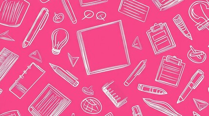   A pink background adorned with a variety of pens, pencils, and a framed photo