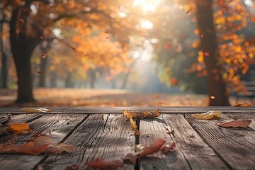 A wooden table topped with lots of leaves