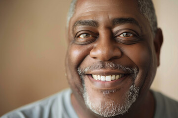 A close-up portrait of a smiling older black man with gray hair and a beard, showcasing a warm and friendly expression. The background is softly blurred, emphasizing the man's joyful demeanor.