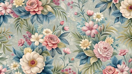 A floral texture background wallpaper featuring a variety of colorful flowers and leaves, perfect for adding a vibrant touch to any space.