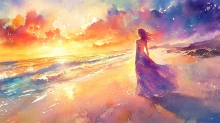 A woman in a flowing purple dress walks on a beach as the sun sets over the ocean. The sky is filled with vibrant colors and the waves are crashing against the shore.