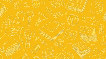   A yellow background adorned with numerous books and a luminescent bulb at its center dominates the page