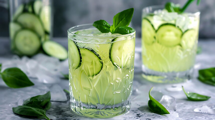 Fototapeta premium Refreshing cucumber and basil cocktail in a glass with ice. A healthy and delicious summer drink.