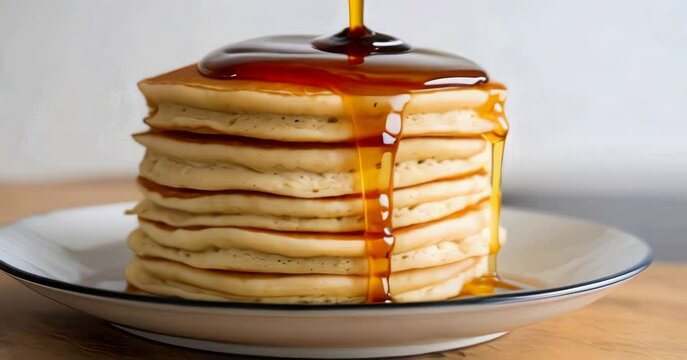 Delicious stack of fluffy pancakes drizzled with syrup for breakfast