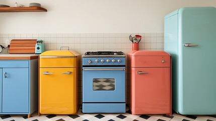 A colorful kitchen setup featuring retro-style appliances in shades of blue, yellow, orange, and...