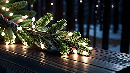 fir branches lights adorn dark wooden christmas ornament plank beautifully outside winter weather sometimes