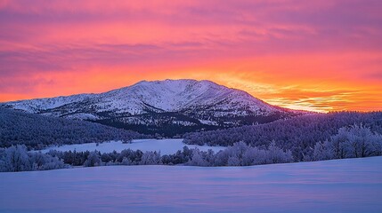 Fototapeta premium A stunning sunset view of snow-capped mountains against a backdrop of lush trees and a warm pink sky