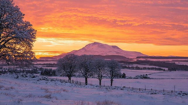  A field of snow-covered grass, dotted with trees, leads to a snow-capped hill in the distance The scene is bathed in a warm, redd