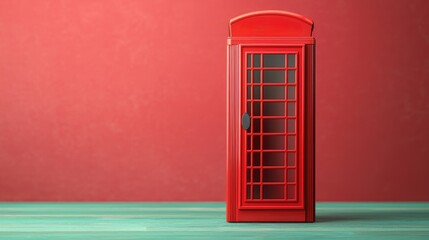 Fototapeta premium A vibrant red phone booth stands against a plain red wall, creating a striking visual contrast.