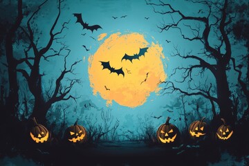 Halloween themed email mockup with eerie pumpkin lanterns, flying bats, and haunted houses on a spooky night sky background