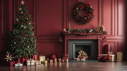 Christmas tree decorated with ornaments stands by a fireplace surrounded by gifts. Concept of festive holiday decorations and celebration. For holiday interior inspiration and gift ideas..