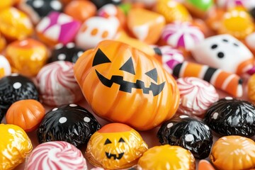 Naklejka premium Halloween-themed candy packaging mockup with spooky ghost and pumpkin designs on a vibrant backdrop