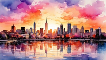 Obraz premium A watercolor painting of a city skyline at sunset, soft pinks, purples, oranges blending in the sky, buildings are delicately outlined, with reflections shimmering in a nearby river