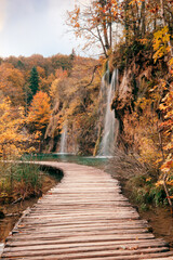 Plitvice forest lakes and waterfalls in autumn. Shoot on film