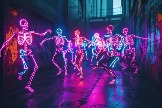 Neon skeletons dancing energetically in a dark alleyway illuminated by vibrant purple lights creating a festive and eerie atmosphere