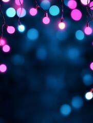 A blurred background featuring colorful bokeh lights in shades of pink, blue, and white. The lights are strung along a dark backdrop, creating a festive and vibrant atmosphere.