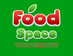 Vector eco concept Food Space. Red Glossy Font. Decorative Alphabet Letters and Numbers set