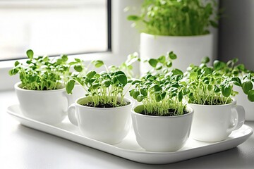 Fototapeta premium Microgreens growing in white cups on a windowsill. This image evokes concepts such as healthy eating, home gardening and sustainability