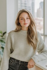 Naklejka premium woman wearing soft cosy sweater, modern office in the background