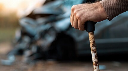 Closeup of a hand holding a rusted metal cane with a blurred image of a car accident in the background.
