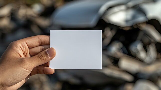 Hand holding a blank white card in front of a blurred image of a damaged car