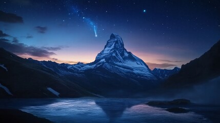 sweeping nighttime view of the magnificent Matterhorn peak with shooting stars