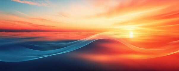 Obraz premium Scenic sunset landscape with vibrant orange sky and abstract ribbon overlay across mountain range