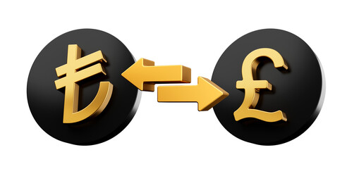 3d Golden Lira And Pound Symbol On Rounded Black Icons With Money Exchange Arrows, 3d illustration
