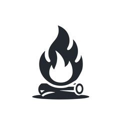 Campfire illustration with flames in black and white, outdoor adventure concept