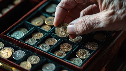 a person carefully placing rare coins into a velvet-lined box, symbolizing the art of collecting and the value of treasured items