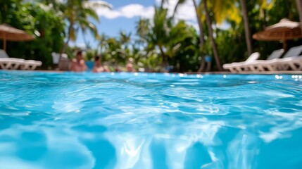 Fototapeta premium A close-up view of the shimmering surface of a pool, with palm trees and lounge chairs blurred in the background.