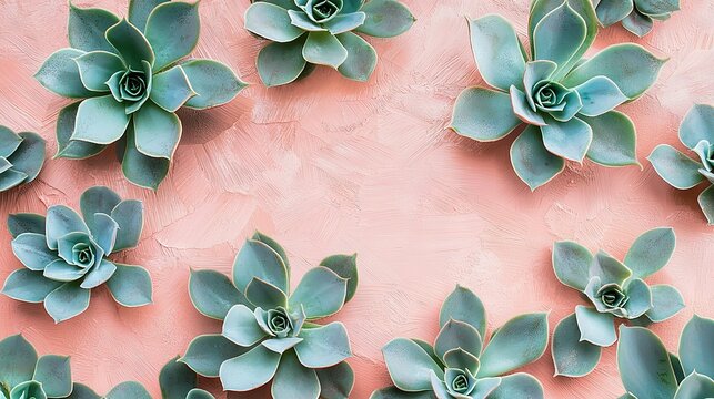   A collection of succulents adorns a pink background, while a lush green plant occupies the focal point of the photo